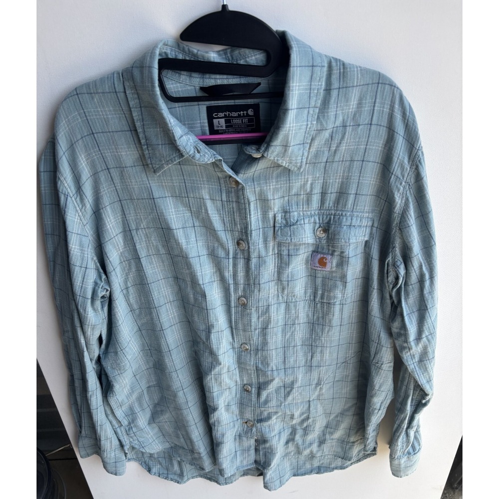 Carhartt Youth Large 12-14 Light Blue Plaid Long Sleeve Button Up Work Shirt